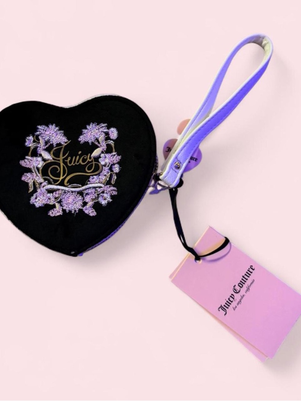 Juicy Couture Black Heart Wristlet with Lavender Embroidery and Strap Velour